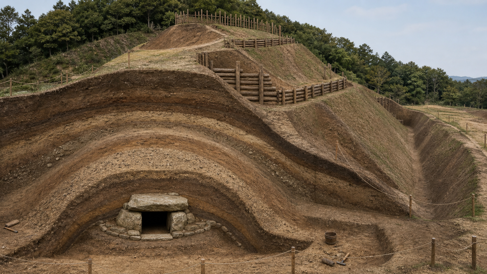 岩崎城の丘に古墳、土塁、空堀が重なる様子を示す発掘調査風の歴史再現図